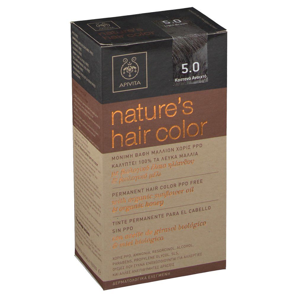 Boîte de coloration capillaire Apivita, 'nature's hair color'. Teinte 5.0, brun clair. Sans PPD. Huile de tournesol et miel.