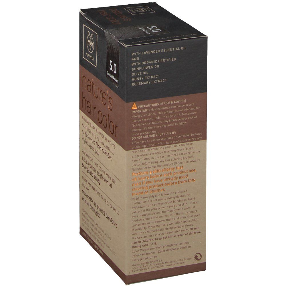 Vue latérale de la boîte de coloration capillaire. Contient huile de lavande, tournesol, olive, extrait de miel et romarin. Précautions.