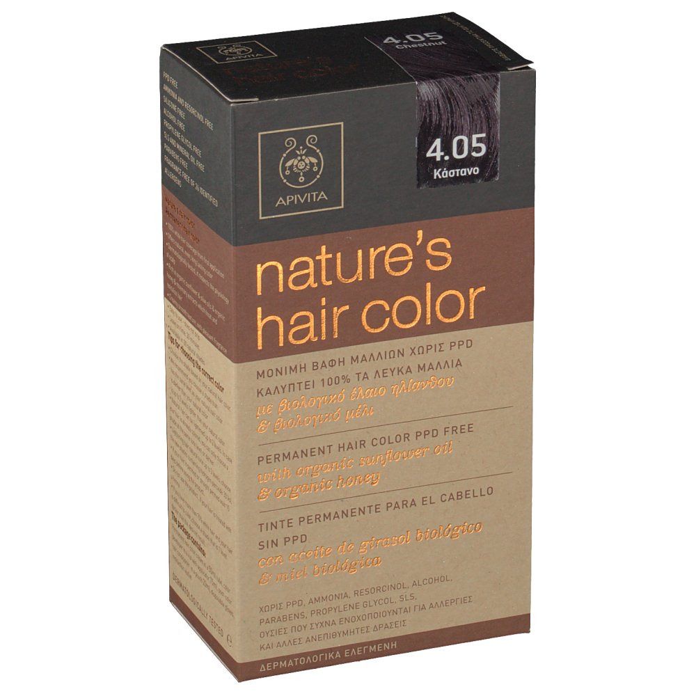 Boîte de coloration capillaire Apivita. Inscription : Nature's Hair Color, 4.05 Châtain. Échantillon de couleur. Texte multilingue.