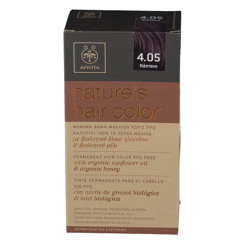 Boîte de coloration capillaire Apivita. Inscription : Nature's Hair Color, 4.05 Châtain. Contient de l'huile de tournesol et du miel. Texte multilingue.