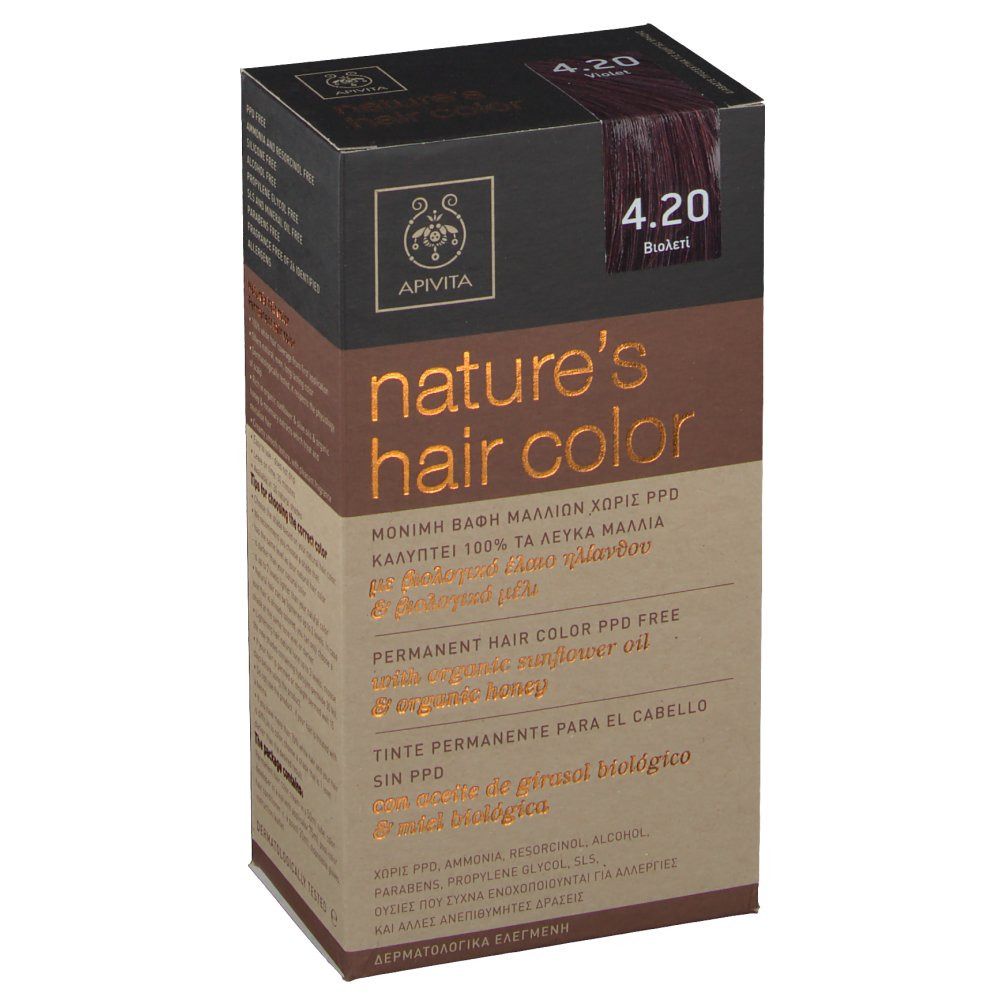 APIVITA Coloration capillaire No. 4.20 Brun violet. Boîte avec informations et logo. Vue en biais.