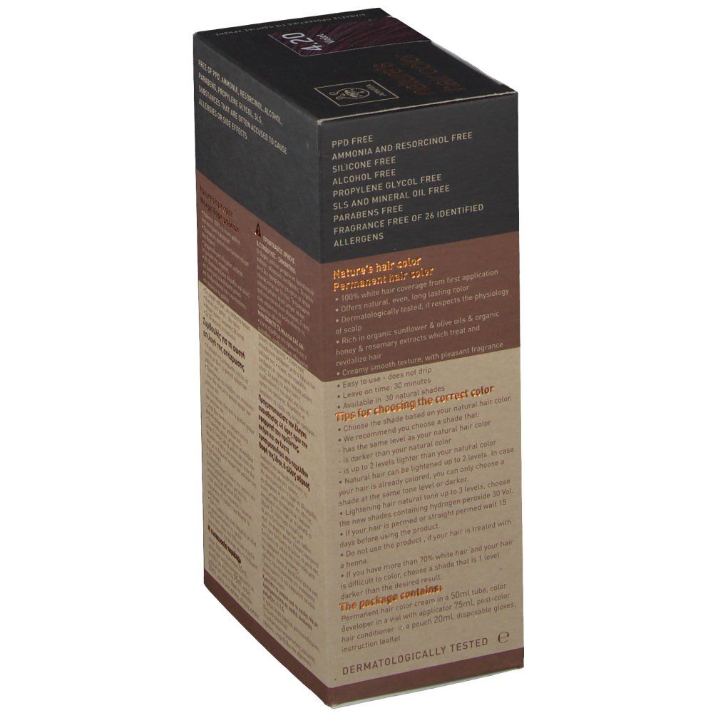 APIVITA Coloration capillaire No. 4.20 Brun violet. Boîte avec informations et logo. Vue détaillée.