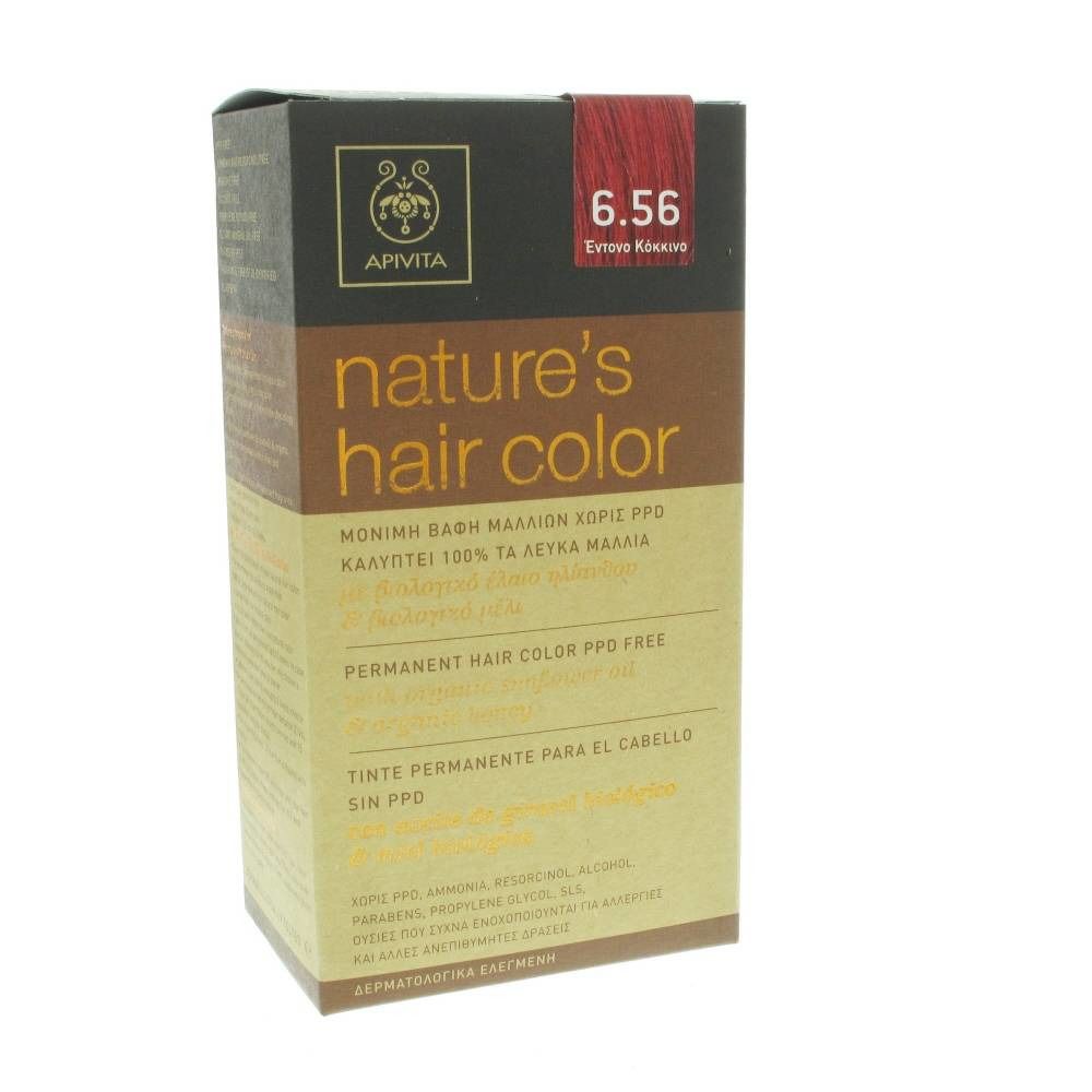 Boîte Apivita Coloration Capillaire N6.56. Informations produit et marqueur de couleur rouge. Inscription: nature's hair color.