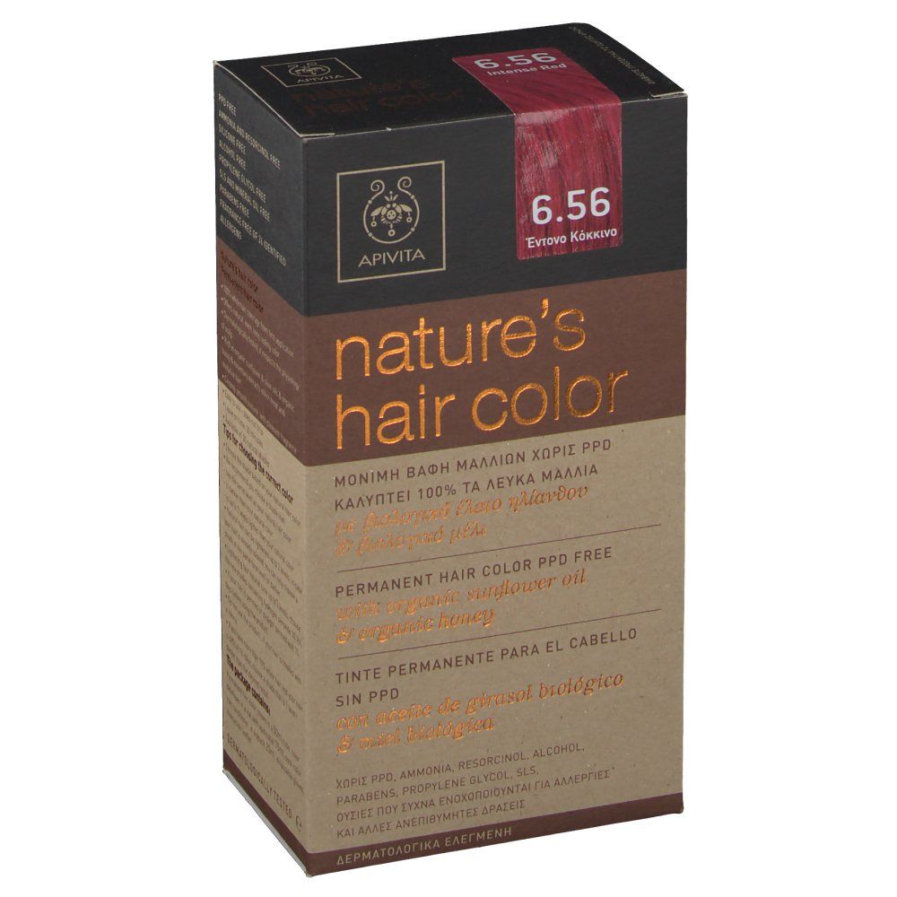Boîte Apivita Coloration Capillaire N6.56. Informations produit et marqueur de couleur rouge. Inscription: nature's hair color.