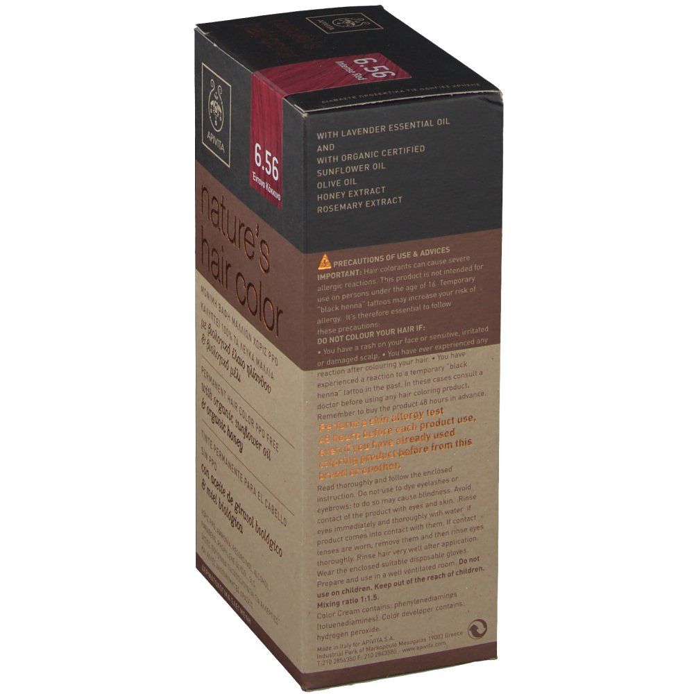 Boîte Apivita Coloration Capillaire N6.56. Informations produit. Inscription: nature's hair color. Avec huile de lavande et de tournesol.