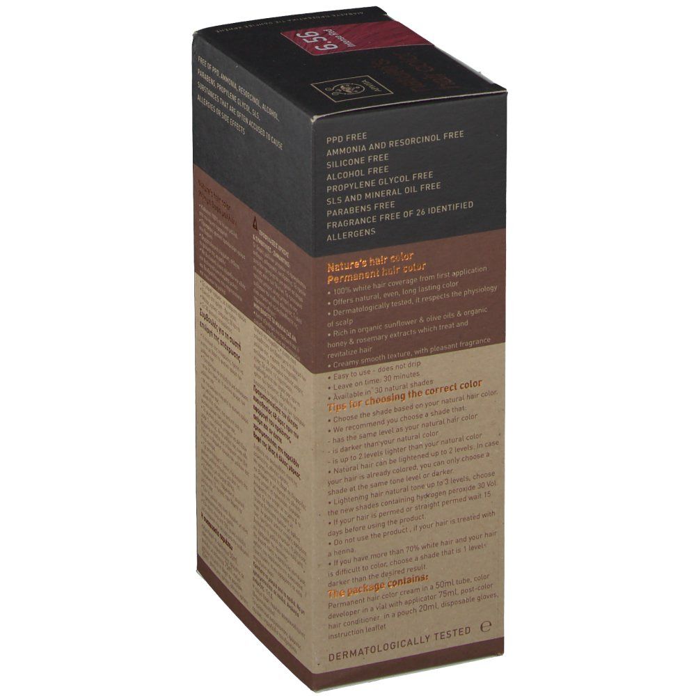 Boîte Apivita Coloration Capillaire N6.56. Informations produit. Inscription: nature's hair color. Sans PPD, silicones, alcool.
