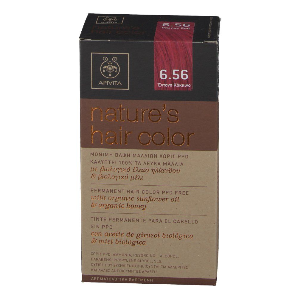 Boîte Apivita Coloration Capillaire N6.56. Informations produit et marqueur de couleur rouge. Inscription: nature's hair color.