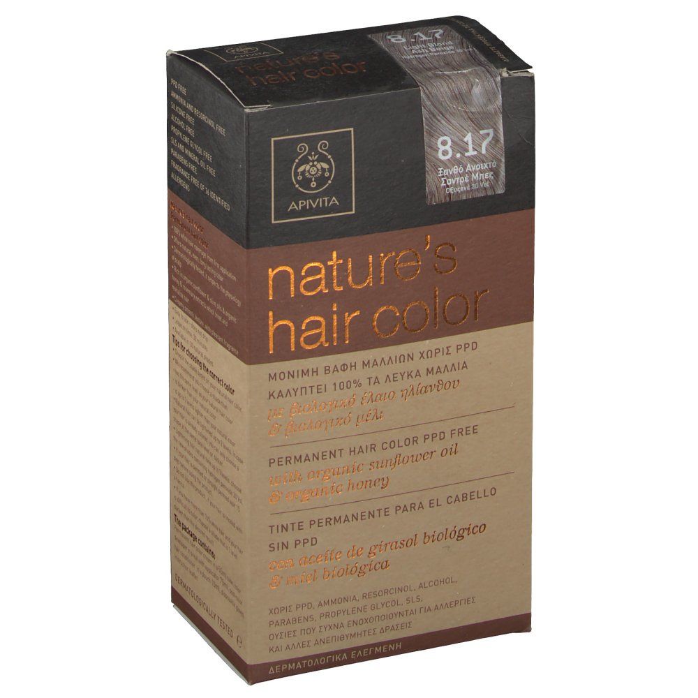 Boîte Apivita Coloration Capillaire N8.17. Informations produit et numéro de couleur. Vue en biais.