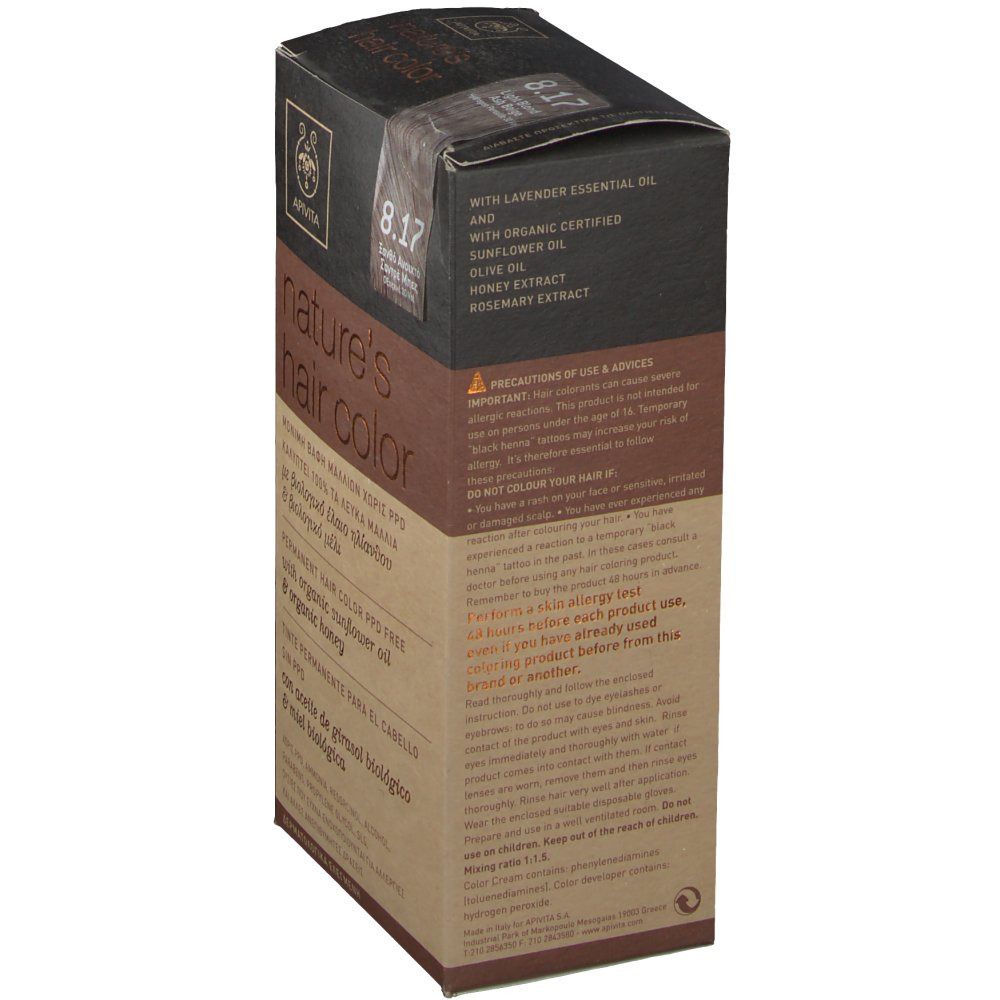Boîte Apivita Coloration Capillaire N8.17. Informations produit. Vue latérale avec texte.