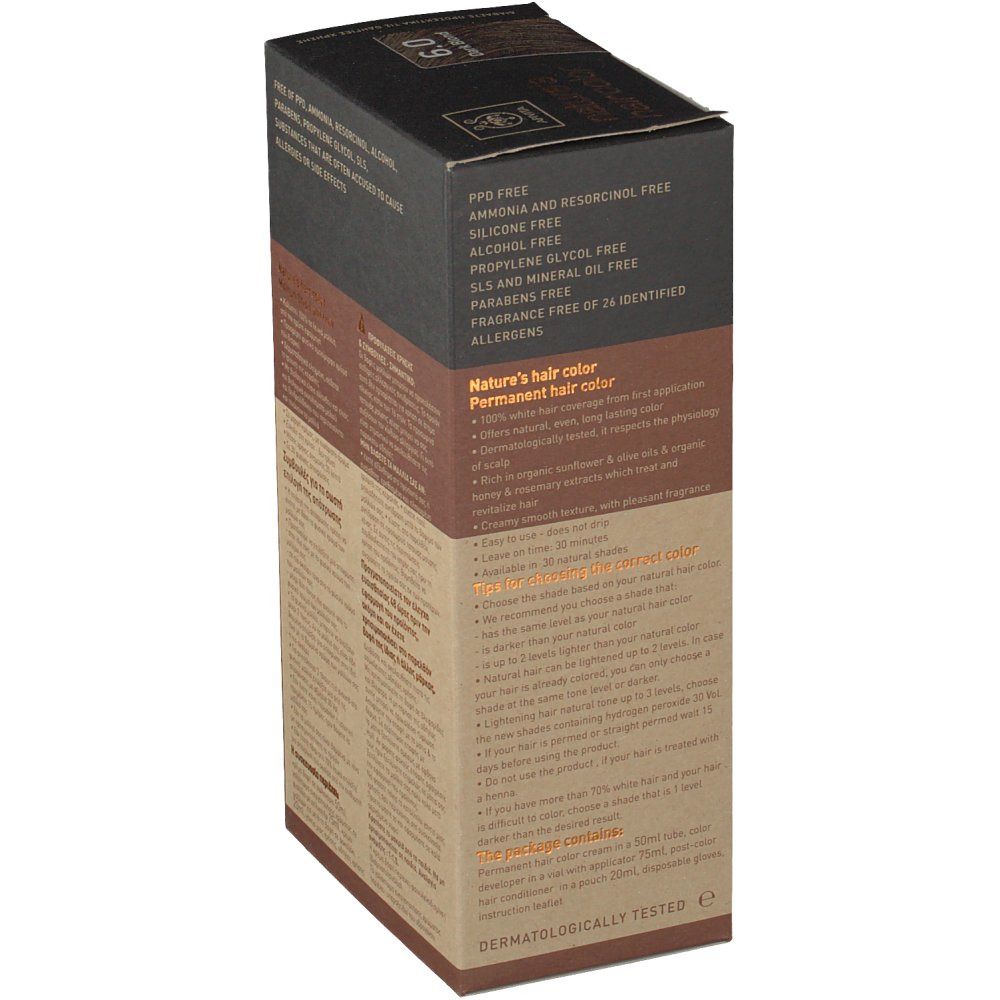 Vue latérale de la boîte de coloration. Informations sur les ingrédients et l'utilisation. Sans PPD, ammoniaque, résorcine, alcool, parabènes, propylène glycol, SLS.
