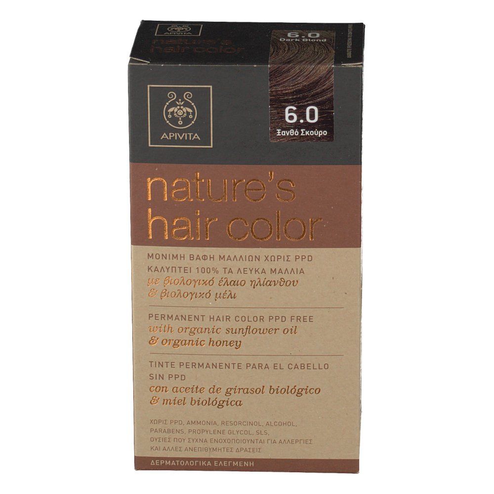 Vue de face de la boîte de coloration. Inscription : Apivita, Nature's Hair Color, 6.0 Blond Fonce. Sans PPD, avec huile de tournesol et miel.
