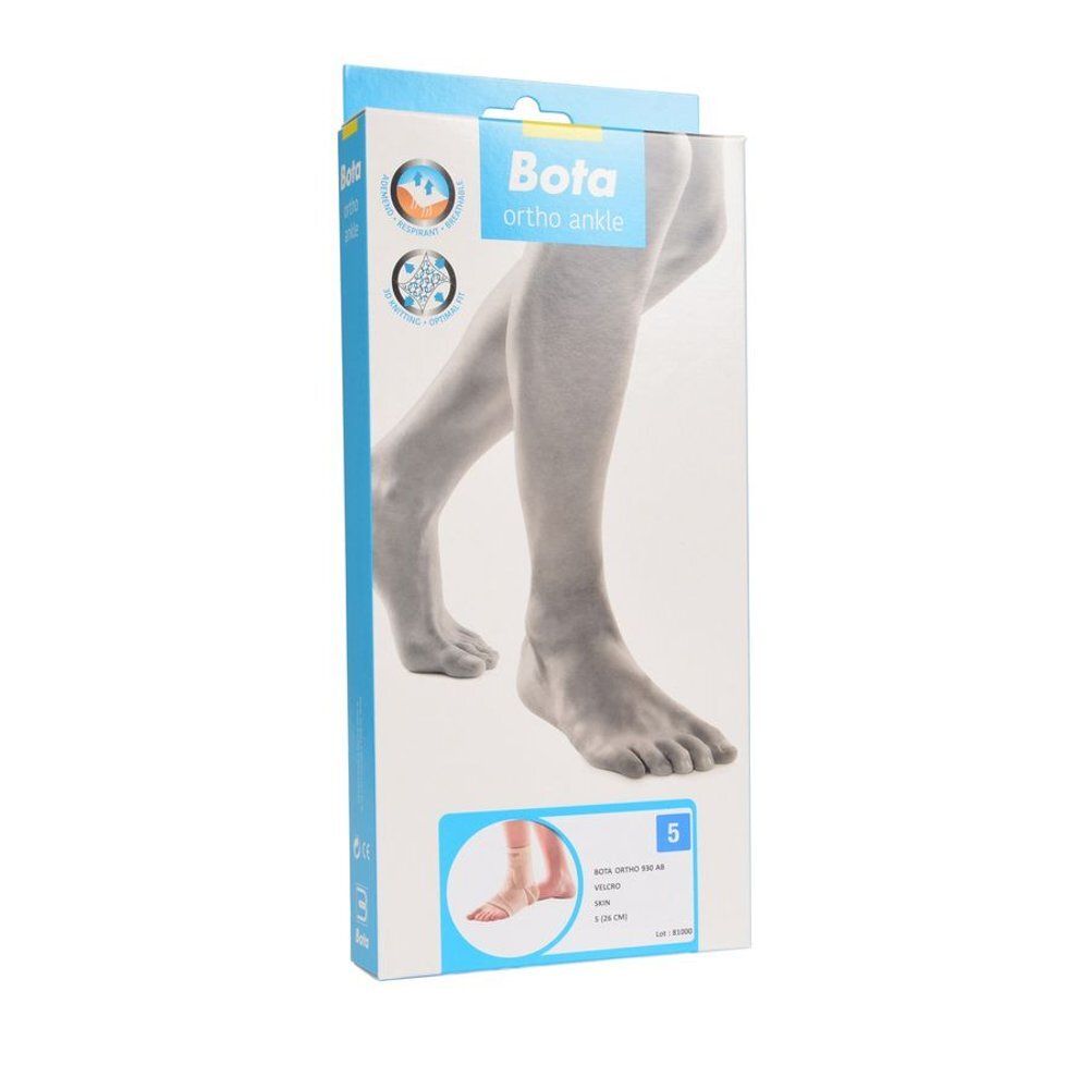 Emballage Bota Ortho Ankle, taille 5. Illustration d'un pied. Logos et informations sur le produit sur l'emballage.