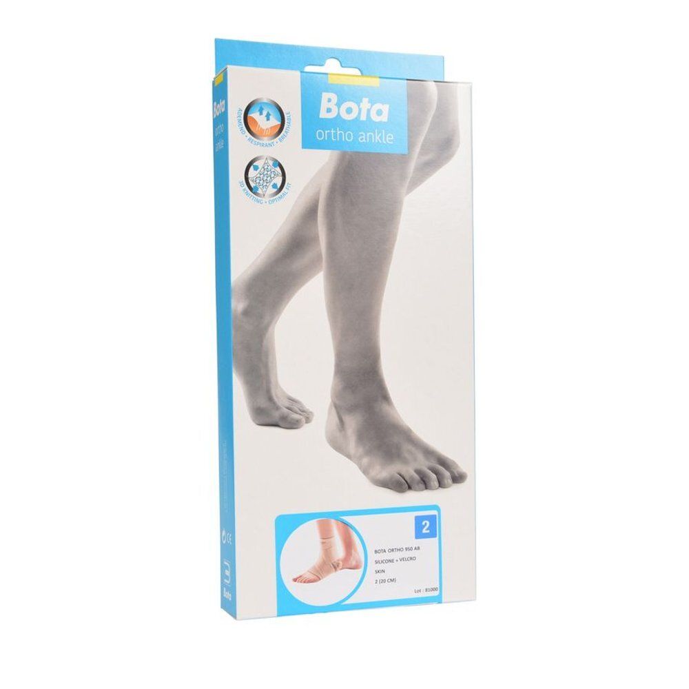 Emballage Bota ortho ankle. Représentation d'une jambe. Inscription : Bota, ortho ankle, illustration du produit, taille 2.