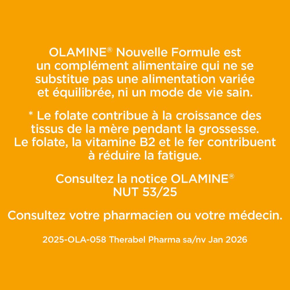 Emballage Olamin. Contient des informations sur les vitamines et minéraux. Nouvelle formule. 60 gélules.
