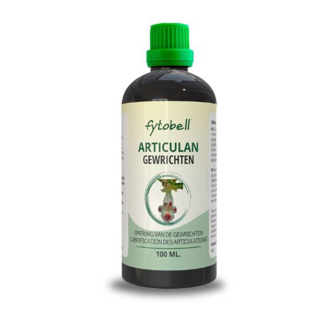 Flacon avec bouchon vert. Inscription : Fytobell Articulan Gewrichten. 100 ml. Illustration des articulations.