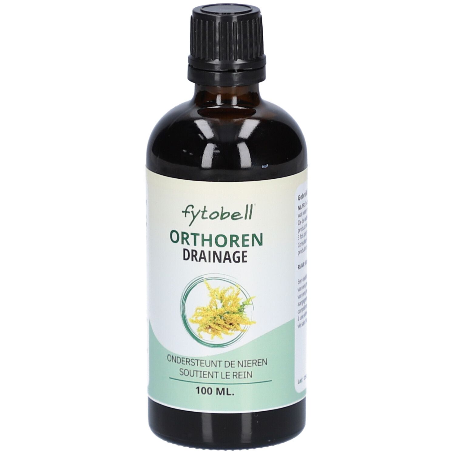 Flacon en verre brun avec bouchon noir. Étiquette avec nom du produit et logo. Texte: Orthoren Drainage, soutient le rein.