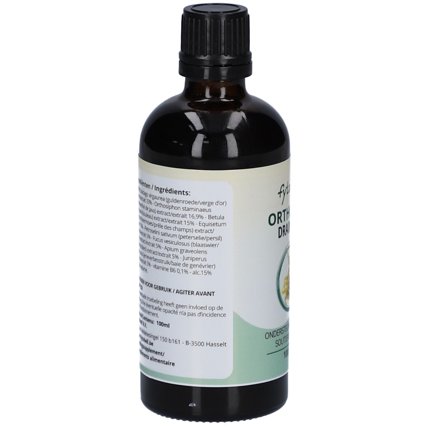 Flacon en verre brun avec bouchon noir. Étiquette avec ingrédients. Texte: Orthoren Drainage, ingrédients, 100 ml.