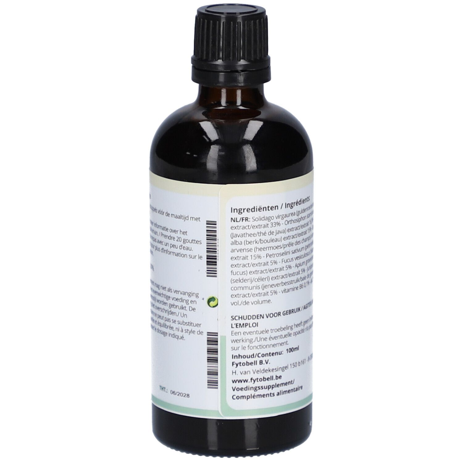 Flacon en verre brun avec bouchon noir. Étiquette avec ingrédients. Texte: Orthoren Drainage, ingrédients, 100 ml.