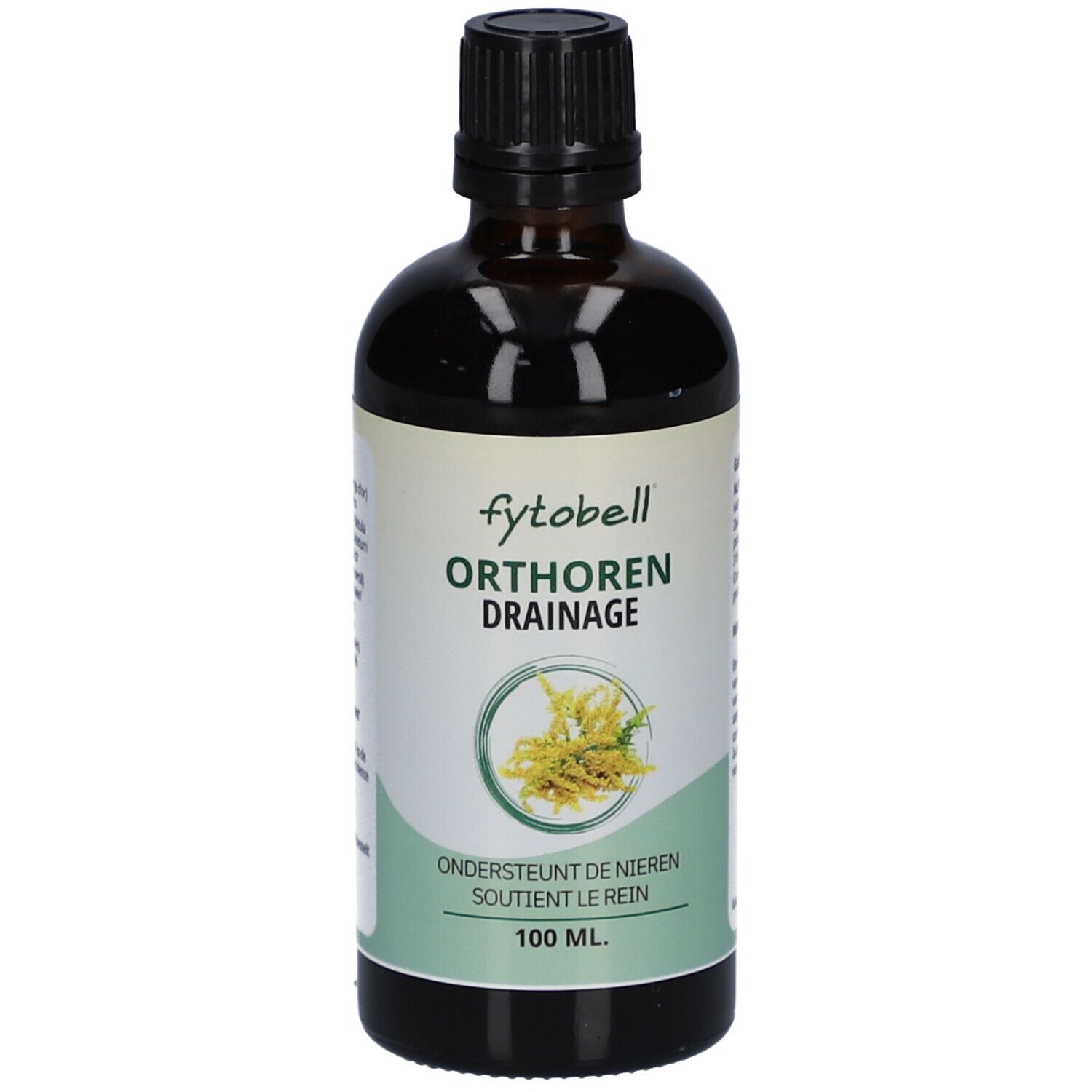 Flacon en verre brun avec bouchon noir. Étiquette avec nom du produit et logo. Texte: Orthoren Drainage, soutient le rein.