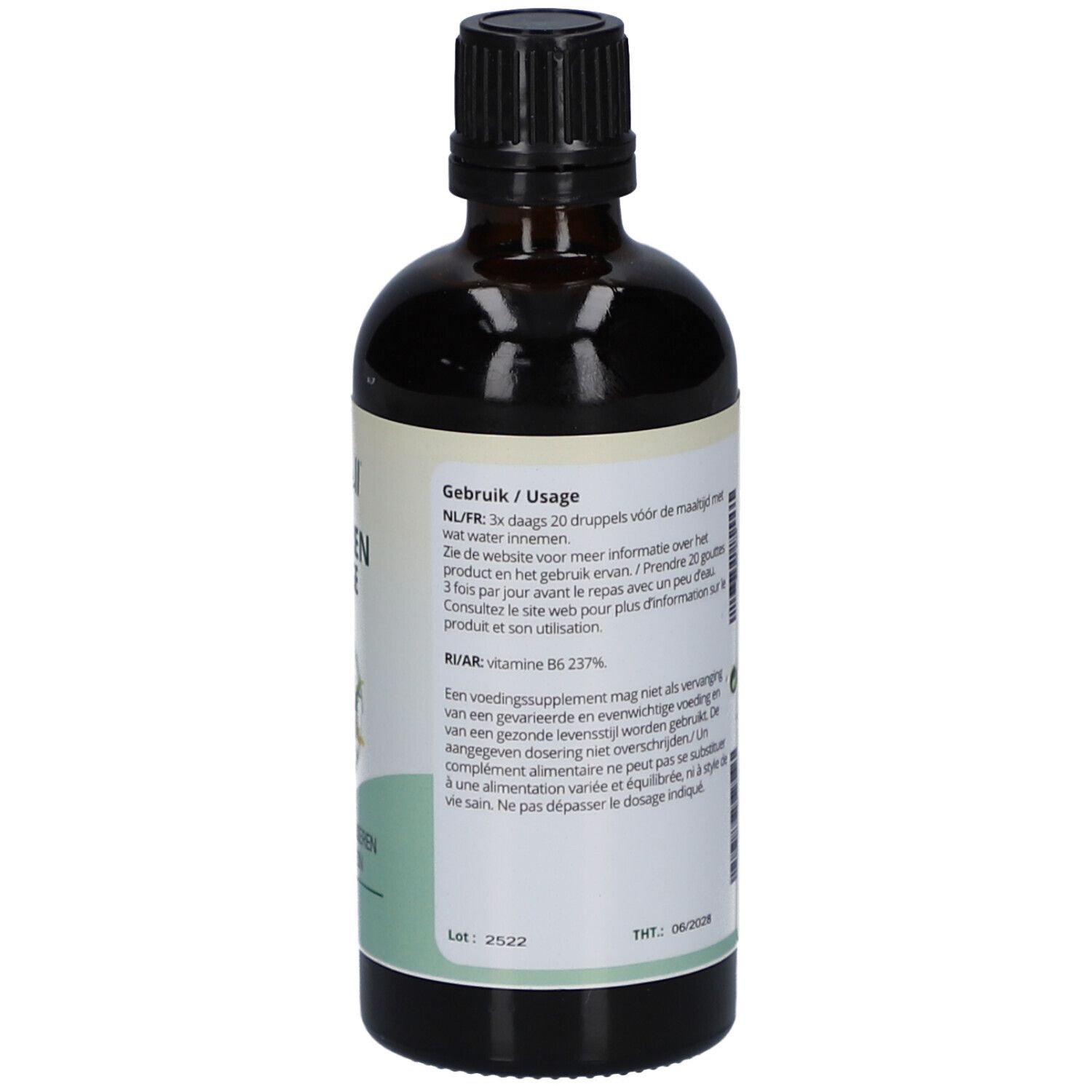 Flacon en verre brun avec bouchon noir. Étiquette avec mode d'emploi. Texte: Orthoren Drainage, utilisation, 100 ml.