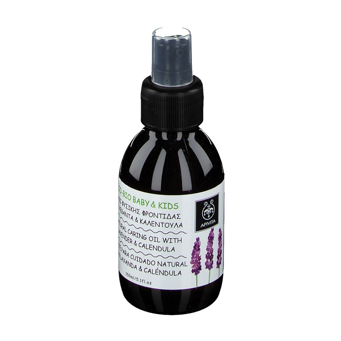 Flacon noir avec vaporisateur. Inscription : BIO BABY & KIDS, Natural Caring Oil avec Lavande & Calendula. Logo Apivita.