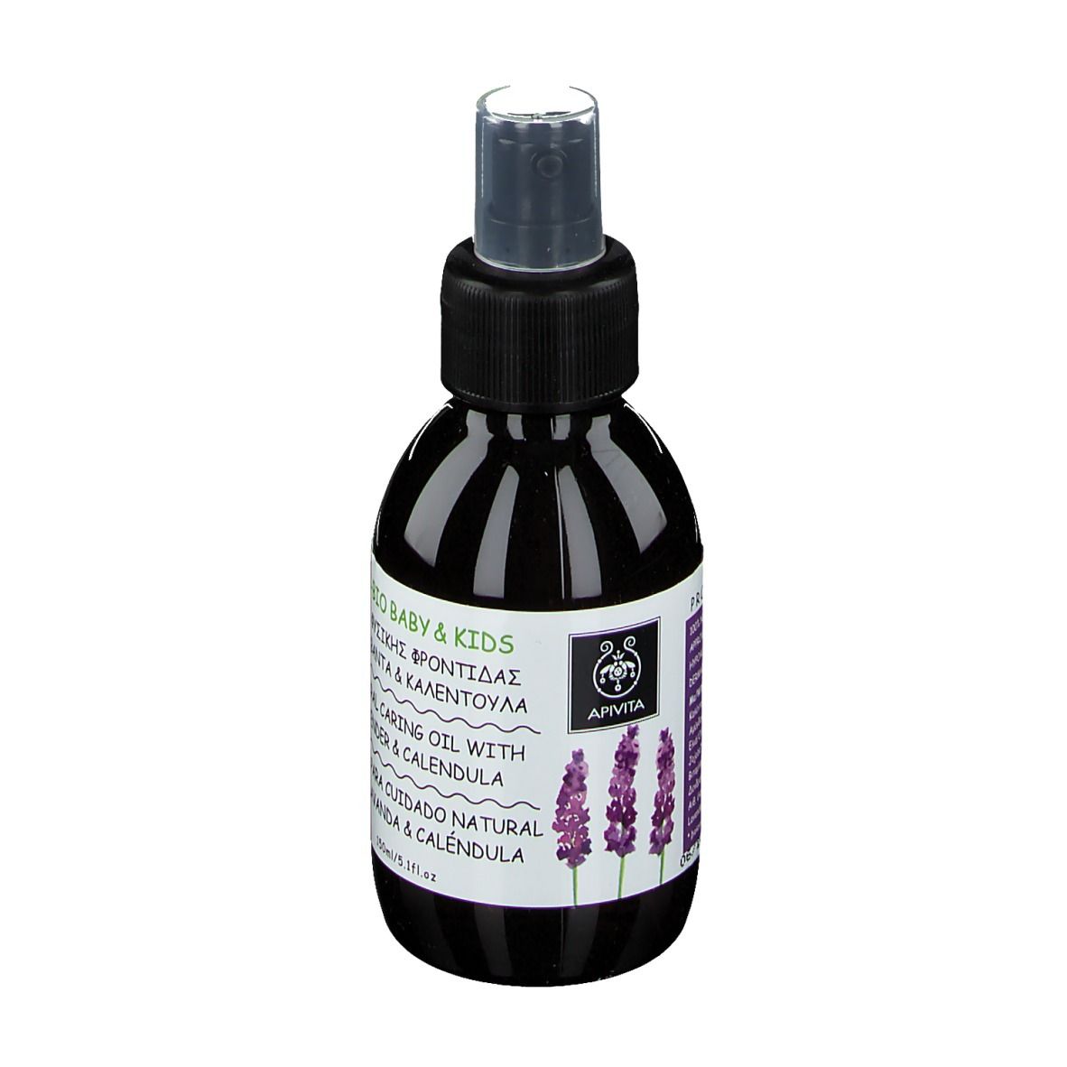 Flacon noir avec vaporisateur. Inscription : ECO-BIO BABY & KIDS, Natural Caring Oil avec Lavande & Calendula. Logo Apivita.