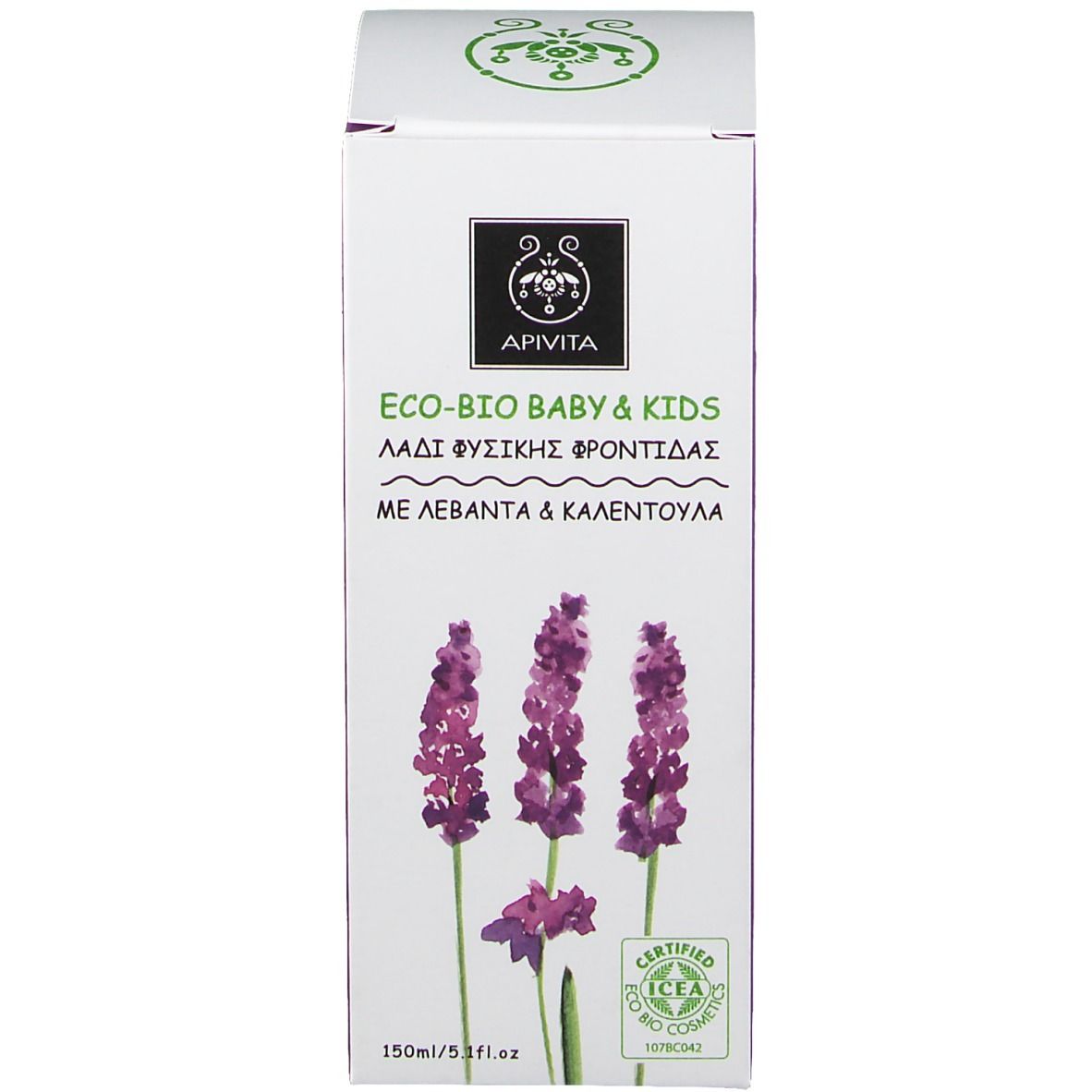 Emballage du produit. Boîte blanche avec inscription : ECO-BIO BABY & KIDS, Natural Caring Oil. Logo Apivita. Certification.