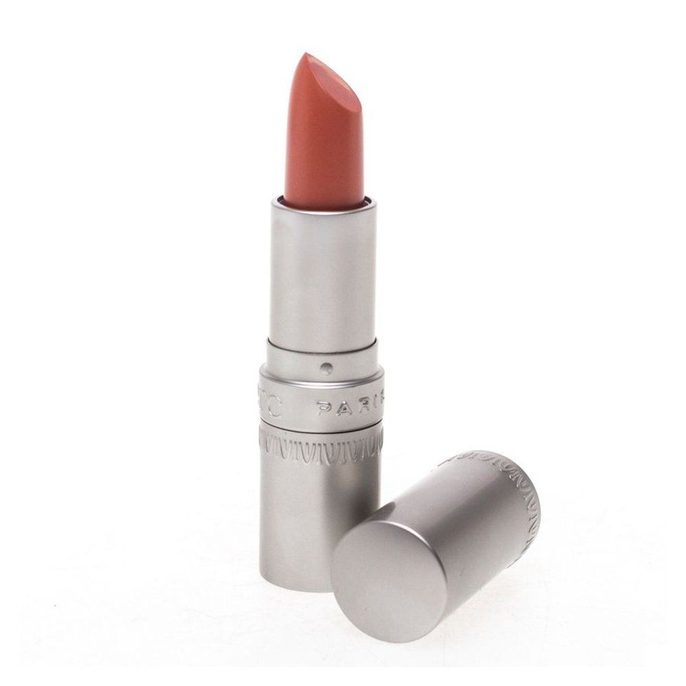Rouge à lèvres T.LeClerc. Bâton argenté avec rouge à lèvres rouge. Ouvert.
