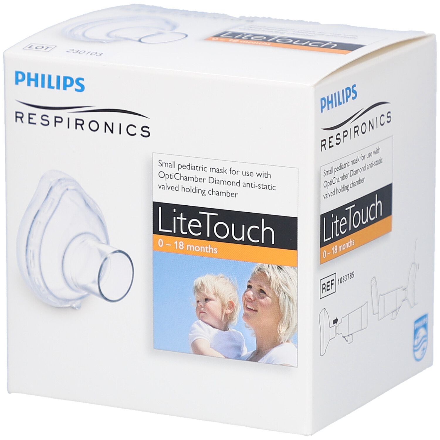 Emballage Philips Respironics. Contient masque LiteTouch 0-18 mois. Avec image d'un enfant.