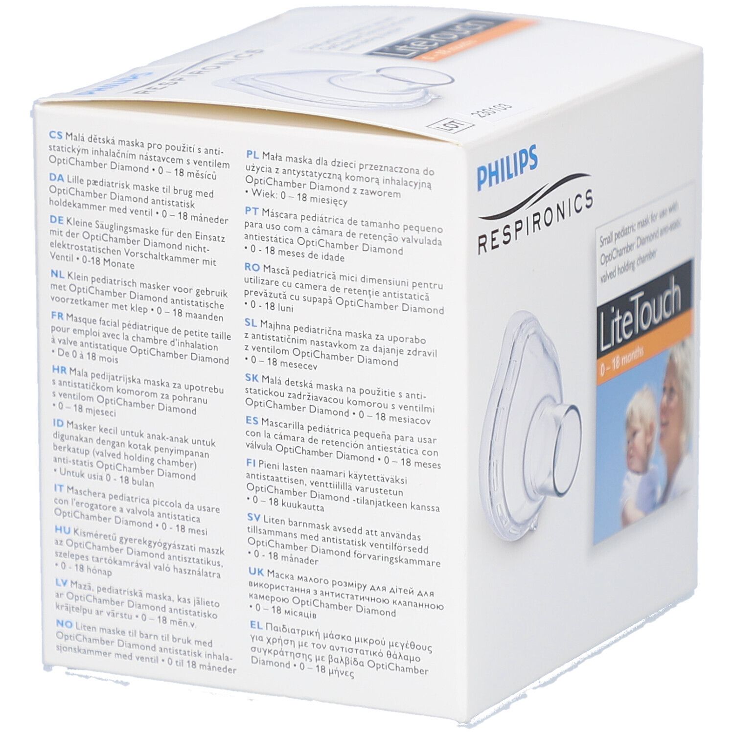 Emballage Philips Respironics. Texte multilingue. Contient masque LiteTouch 0-18 mois.