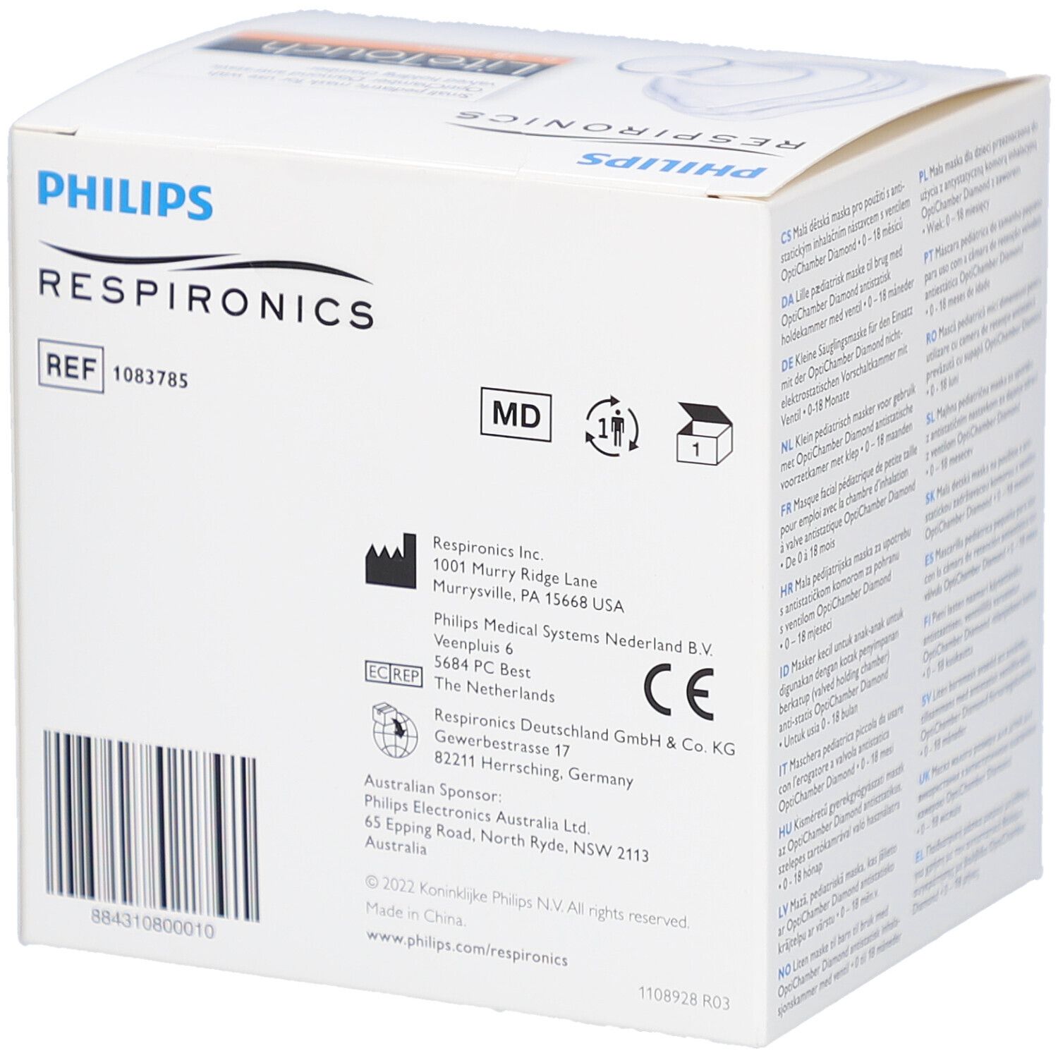 Emballage Philips Respironics. Informations et certifications. Masque LiteTouch.