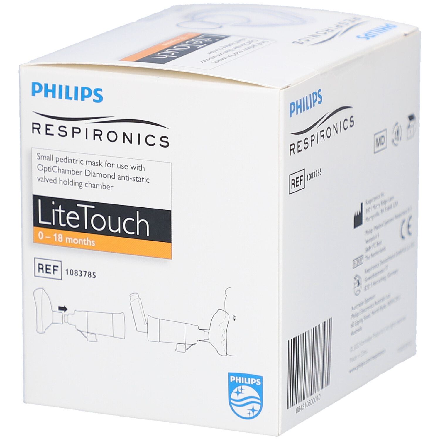 Emballage Philips Respironics. Contient masque LiteTouch 0-18 mois. Avec illustration.