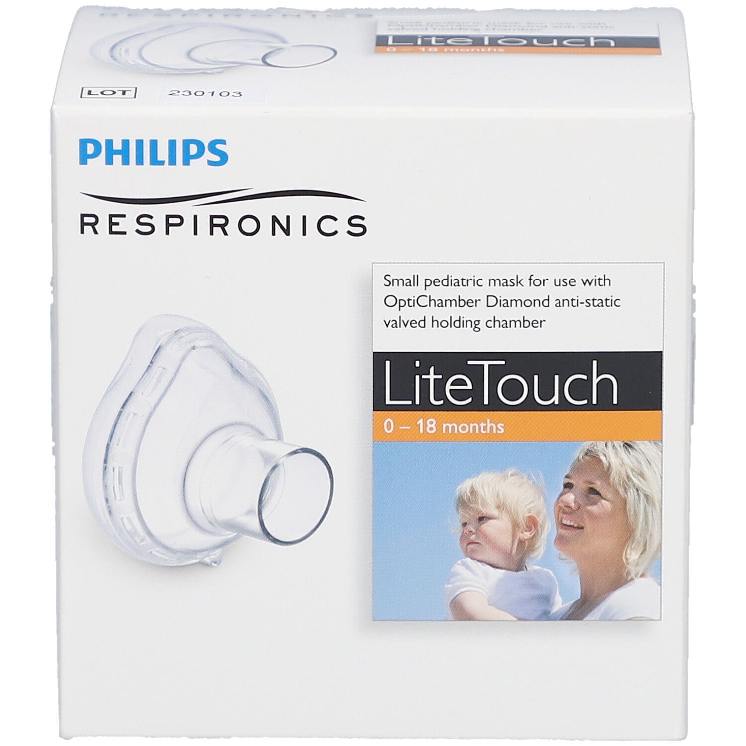 Emballage Philips Respironics. Contient masque LiteTouch 0-18 mois. Avec illustration.