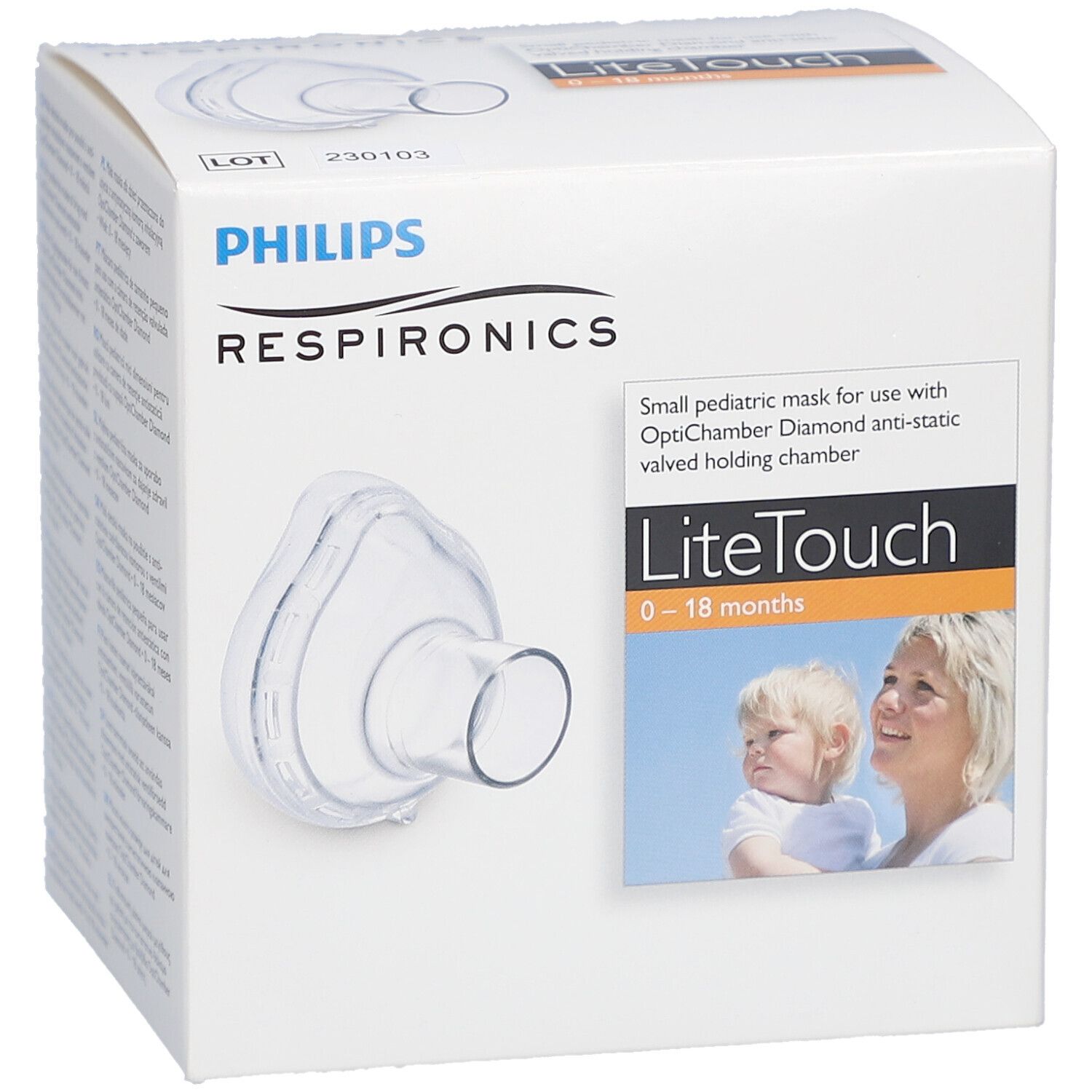Emballage Philips Respironics. Contient masque LiteTouch 0-18 mois. Avec illustration.