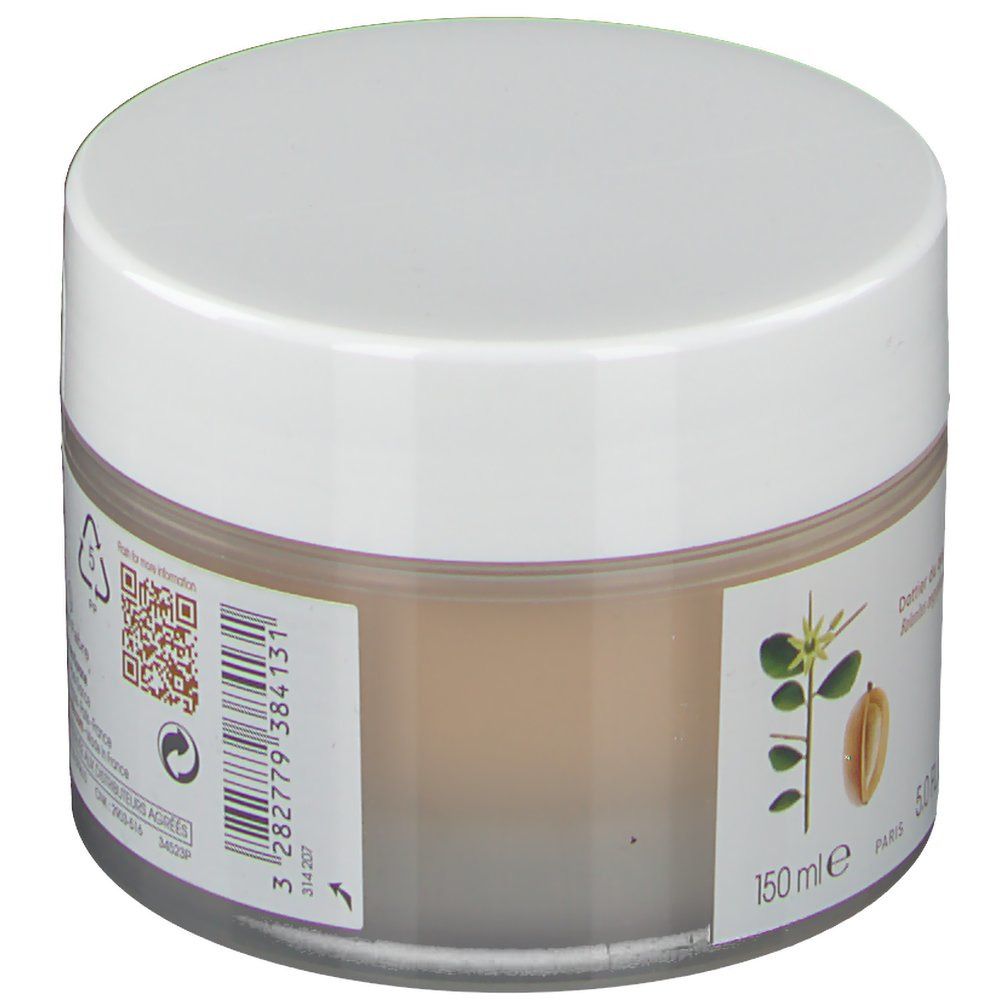 Pot de crème avec couvercle blanc. Inscription: KLORANE. Texte: 150 ml, code-barres, QR code. Illustration: datte du désert.