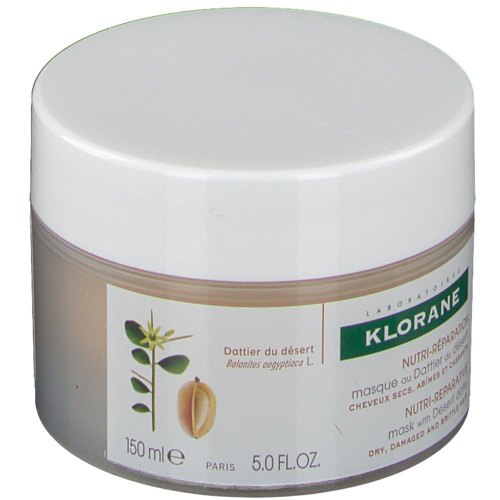 Pot de crème avec couvercle blanc. Inscription: KLORANE, Nutri-Réparation, masque à la datte du désert. 150 ml.