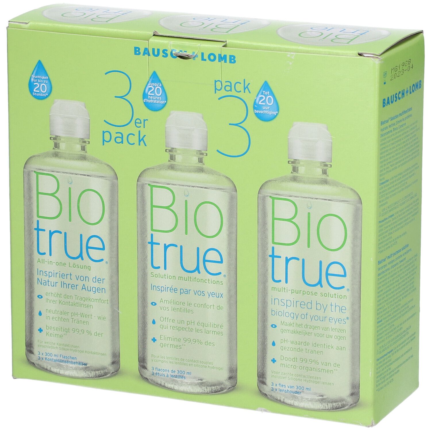 Boîte verte avec trois flacons. Inscription : Bausch + Lomb, Biotrue. Pack de 3. Flacons avec bouchon blanc.
