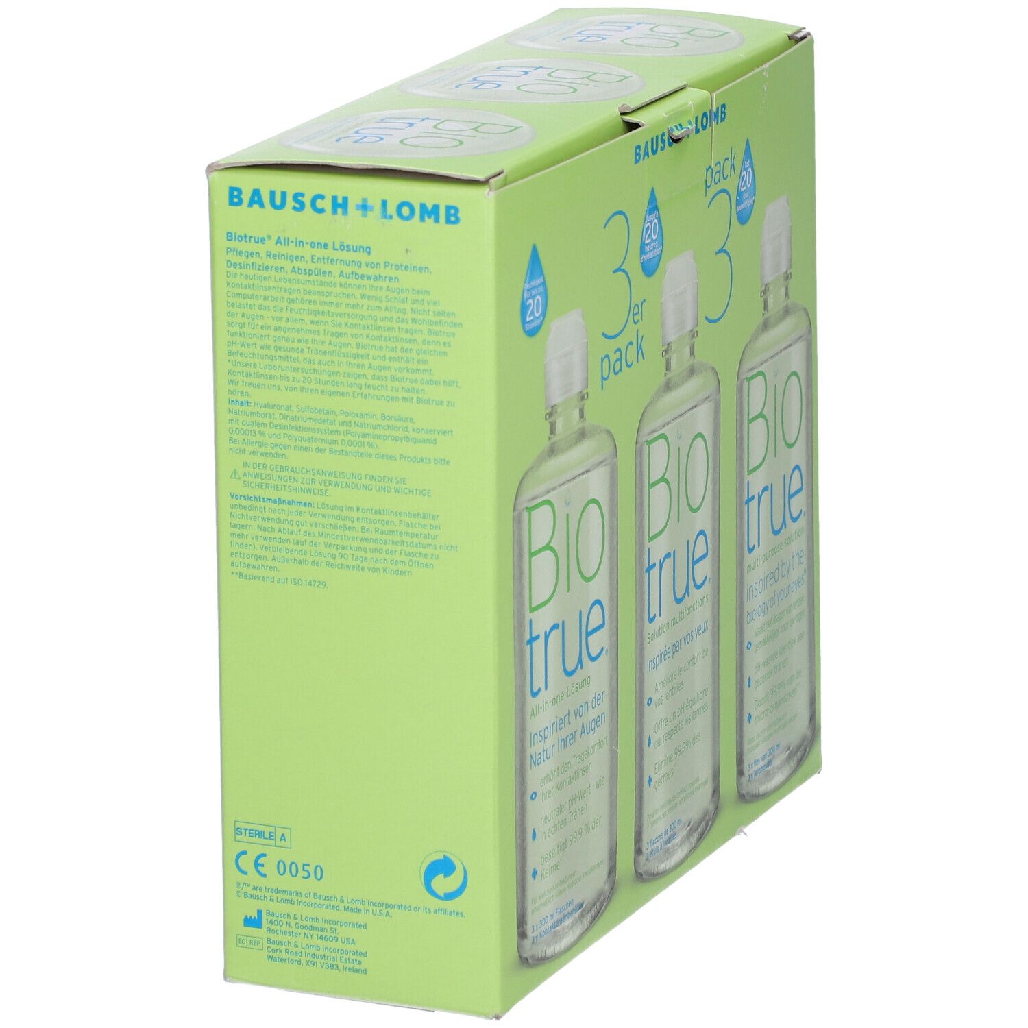 Boîte verte avec trois flacons. Inscription : Bausch + Lomb, Biotrue. Pack de 3. Flacons avec bouchon blanc. Vue latérale.
