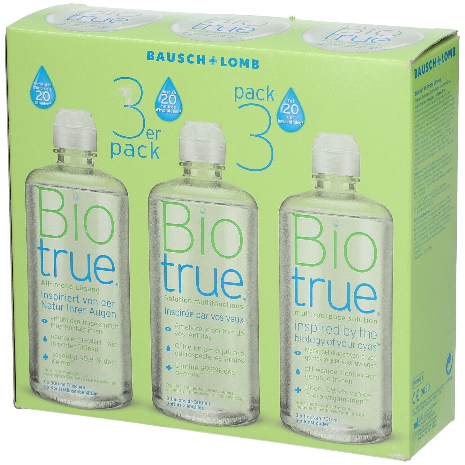 Boîte verte avec trois flacons. Inscription : Bausch + Lomb, Biotrue. Pack de 3. Flacons avec bouchon blanc.