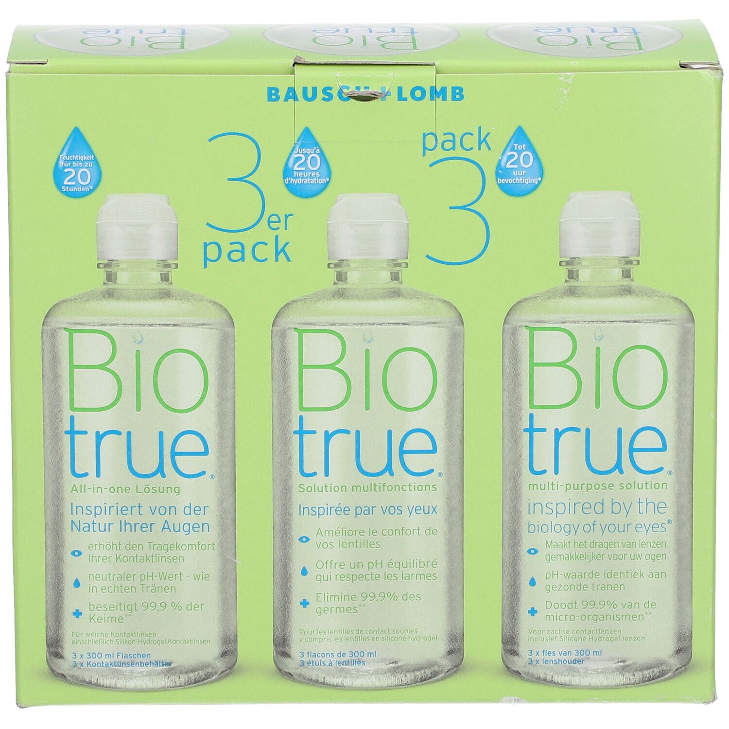 Boîte verte avec trois flacons. Inscription : Bausch + Lomb, Biotrue. Pack de 3. Flacons avec bouchon blanc.