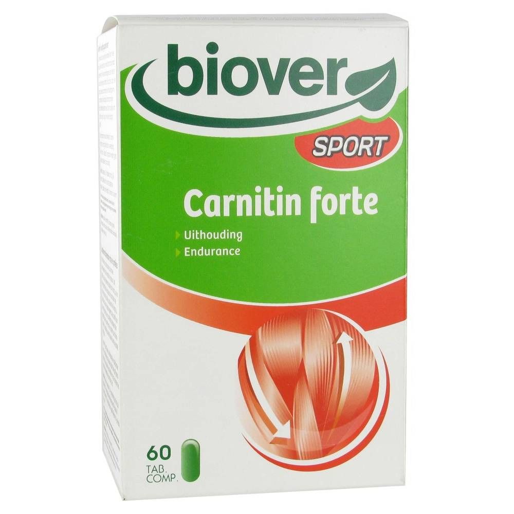 Boîte avec design vert et rouge. Inscription : Biover Sport Carnitin forte. 60 comprimés.