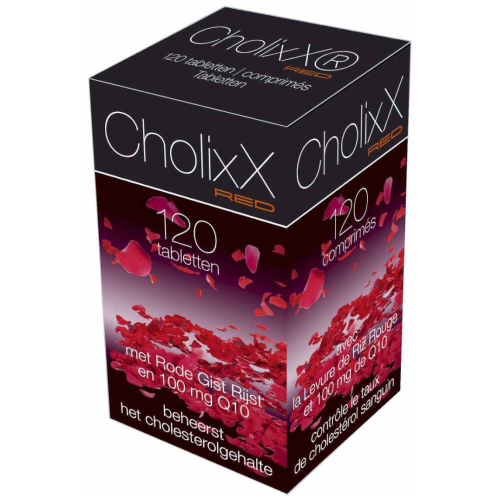 Boîte noire avec dégradé rouge et nom du produit. Contient 120 comprimés. Texte : 'met Rode Gist Rijst en 100 mg Q10'.