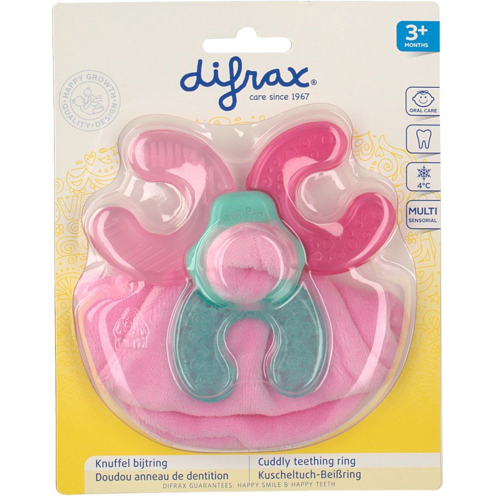 Anneau de dentition rose et éléments bleu-vert, emballé sous blister. Marque : difrax. Texte : Cuddly teething ring.