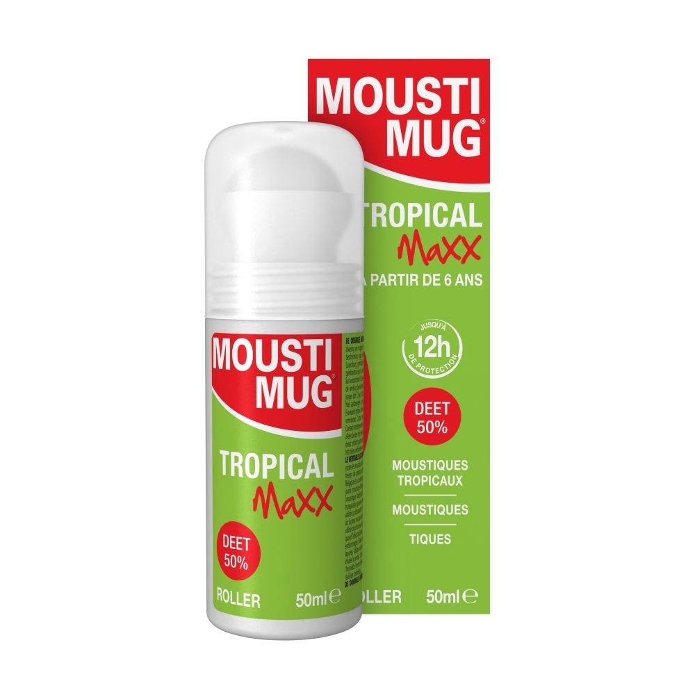 Moustimug Tropical Maxx Roller avec 50% DEET, face avant de l'emballage en français.