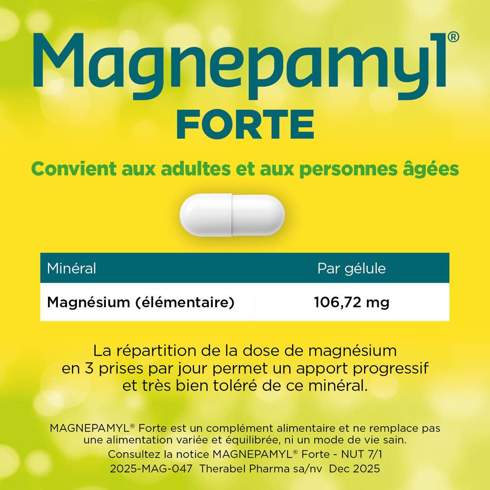Publicité Magnepamyl Forte. Fond jaune. Texte: Magnésium (élémentaire) 106,72 mg par gélule. Gélule.