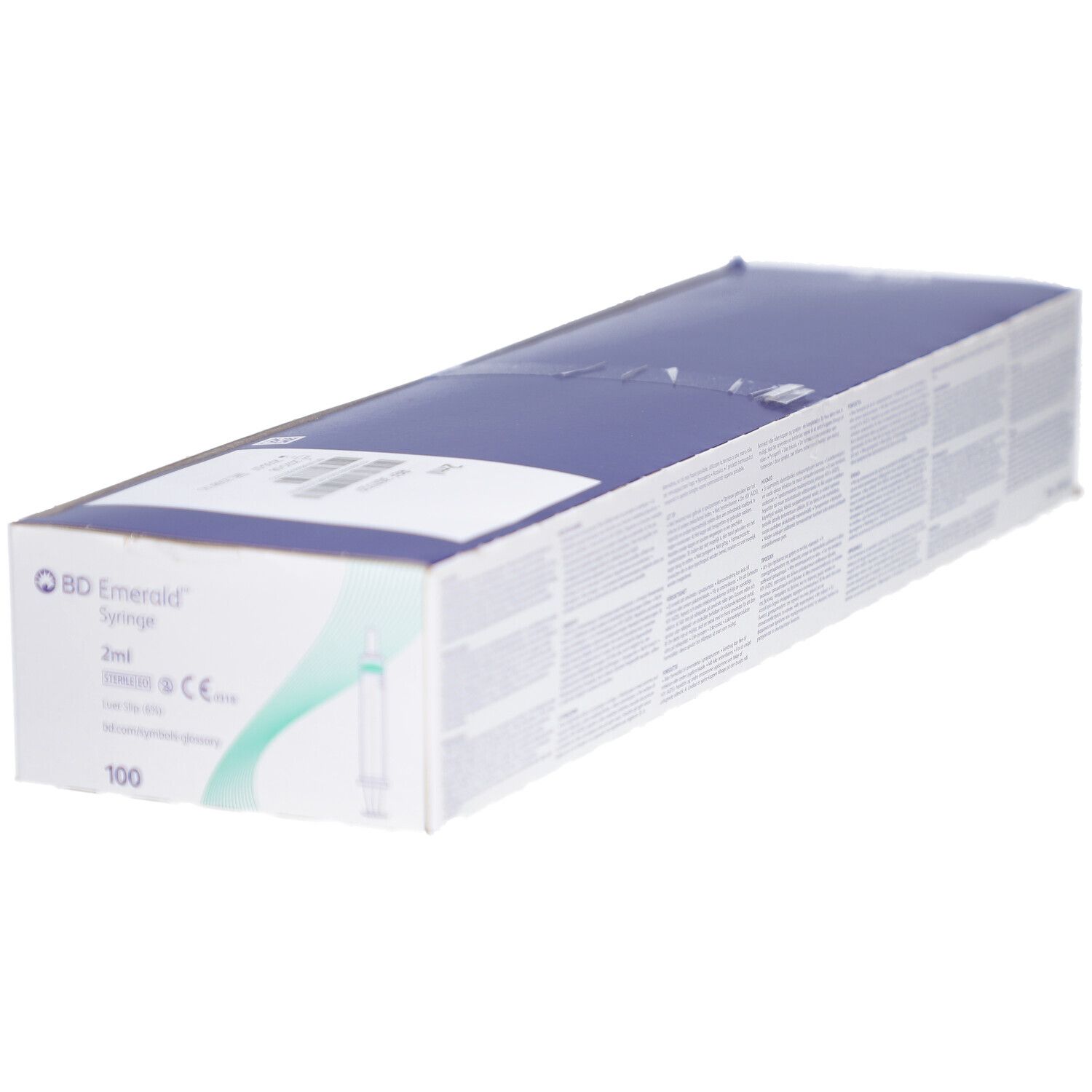 Emballage en carton blanc et bleu, logo et détails du produit. Contient 100 seringues. Marquage 2 ml.