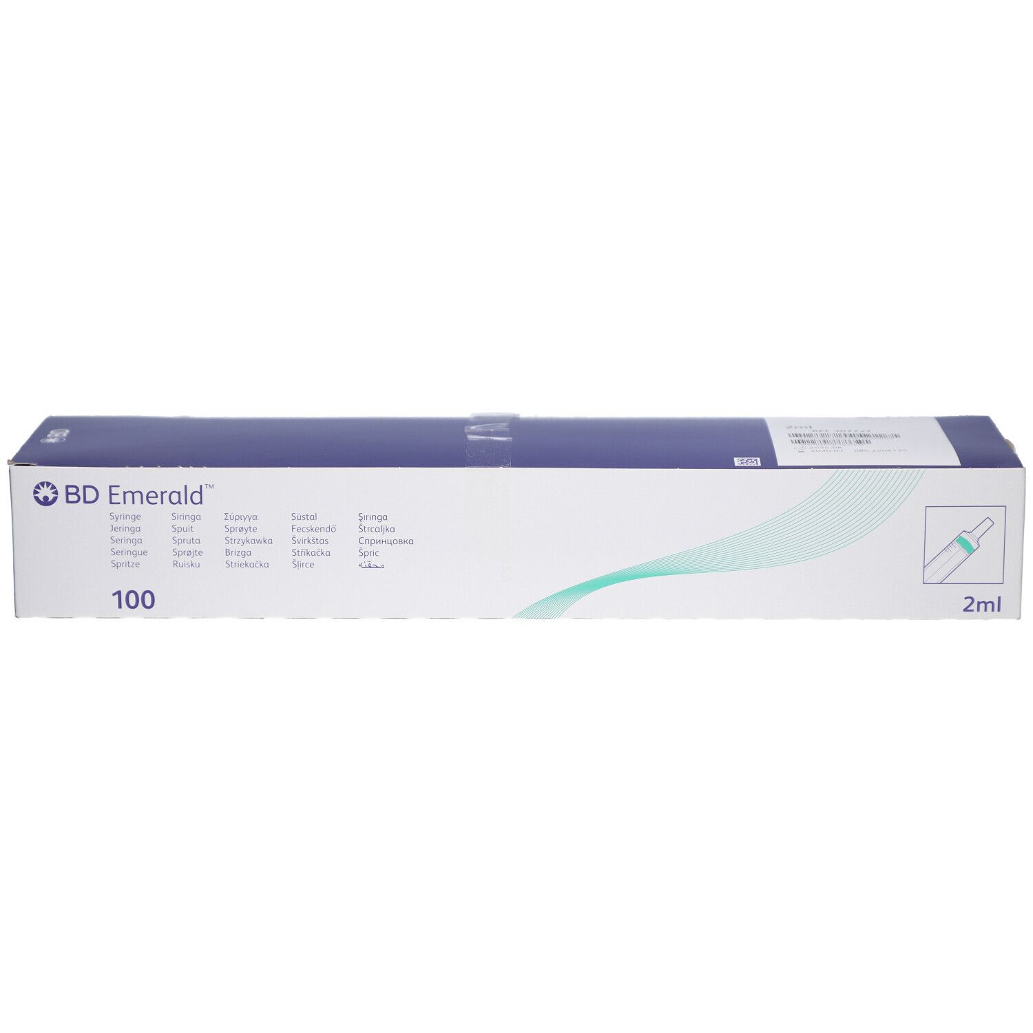 Emballage en carton blanc et bleu, logo et détails du produit. Contient 100 seringues. Marquage 2 ml.