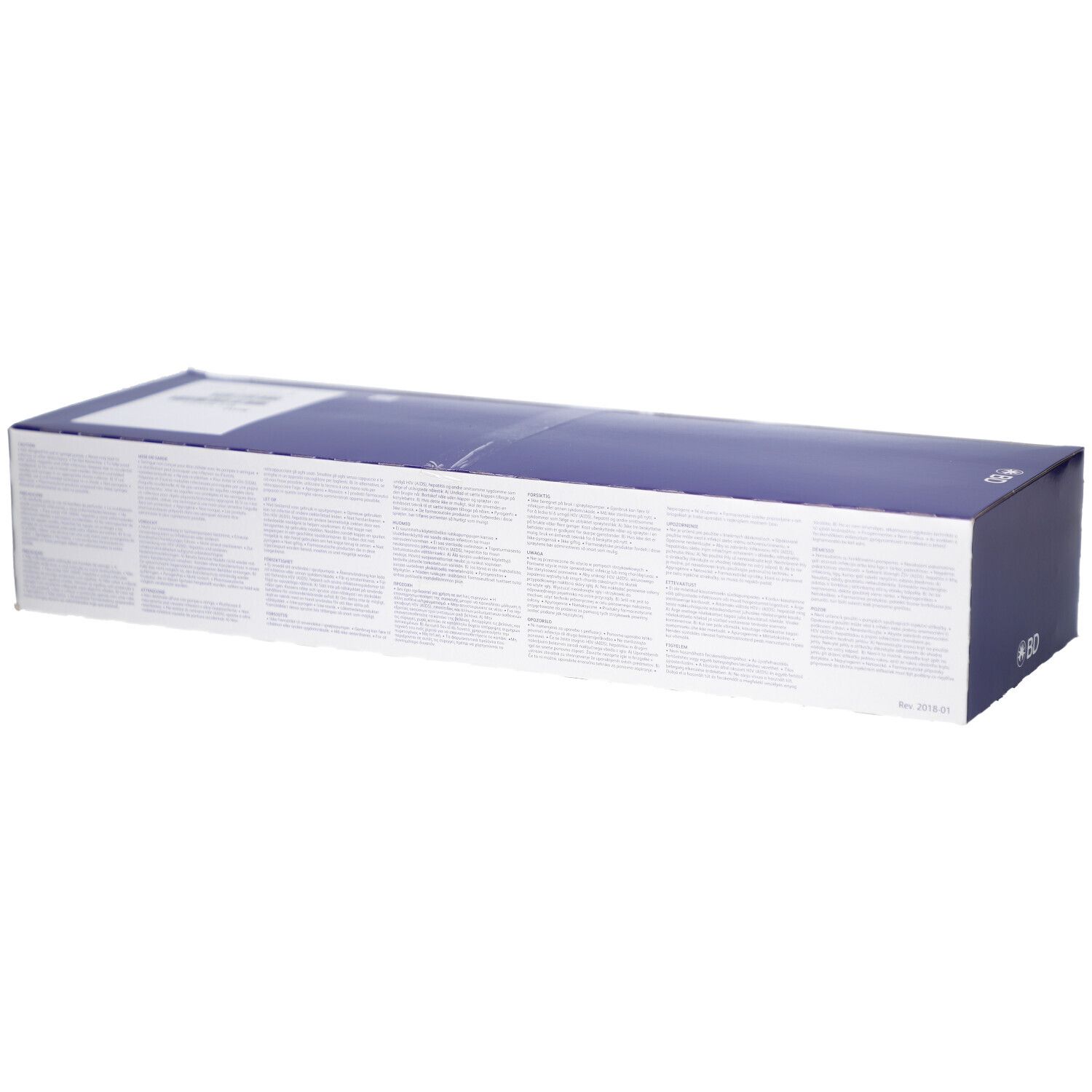 Boîte avec texte. Emballage bleu et blanc.