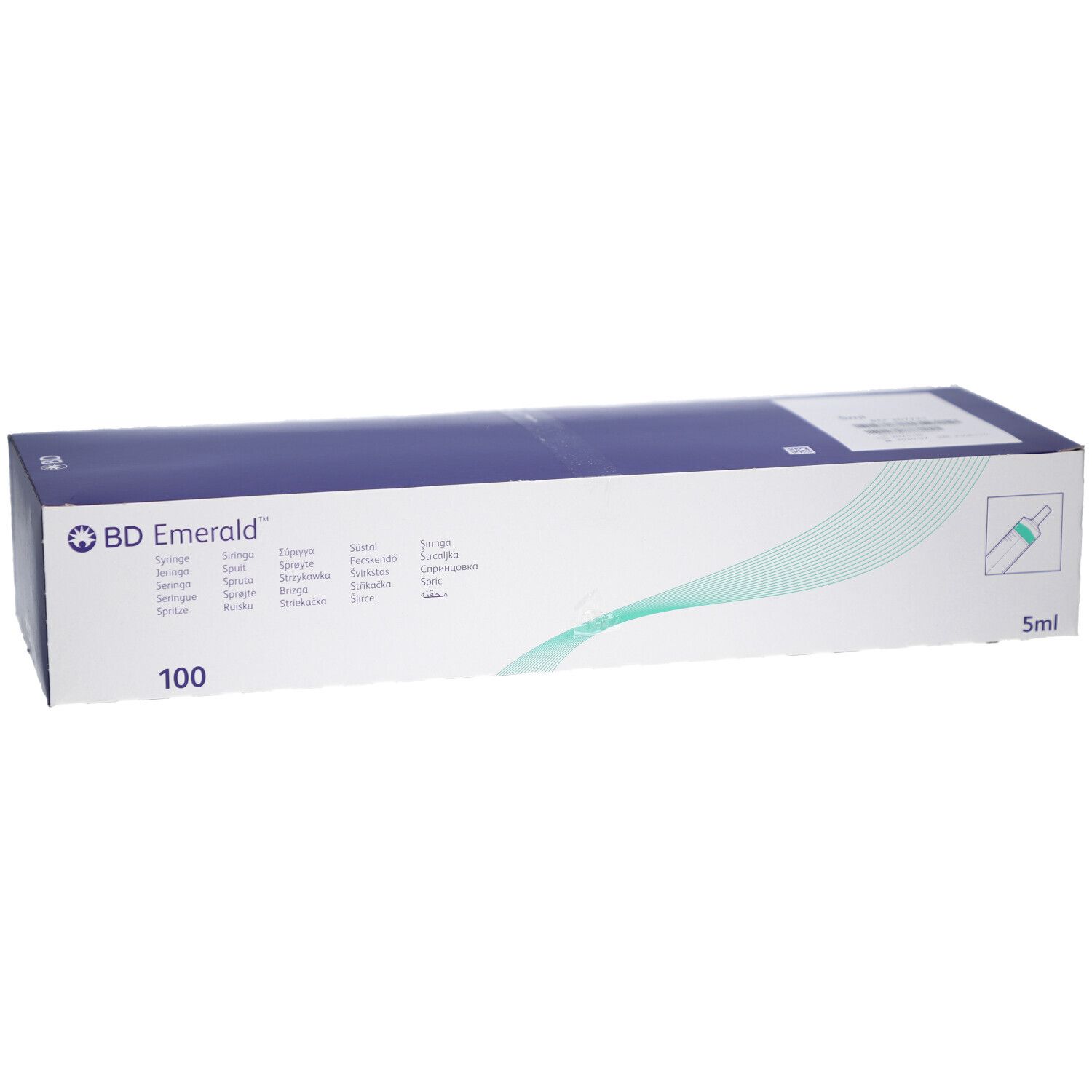 Boîte de seringues BD Emerald. Inscription : 5 ml, 100. Emballage bleu et blanc.