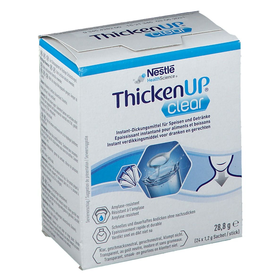 Boîte de ThickenUp Clear. Inscription: épaississant instantané pour aliments et boissons. 24 sachets de 1,2 g.